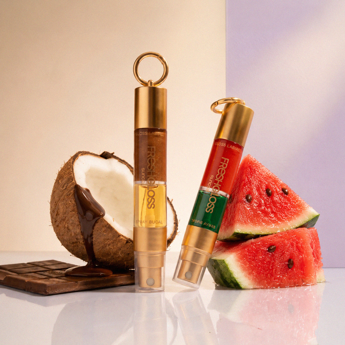 KIT FreshGloss | Spray Bala de Coco + Gloss Chocolate & Spray Chiclete de Menta + Gloss Melancia
